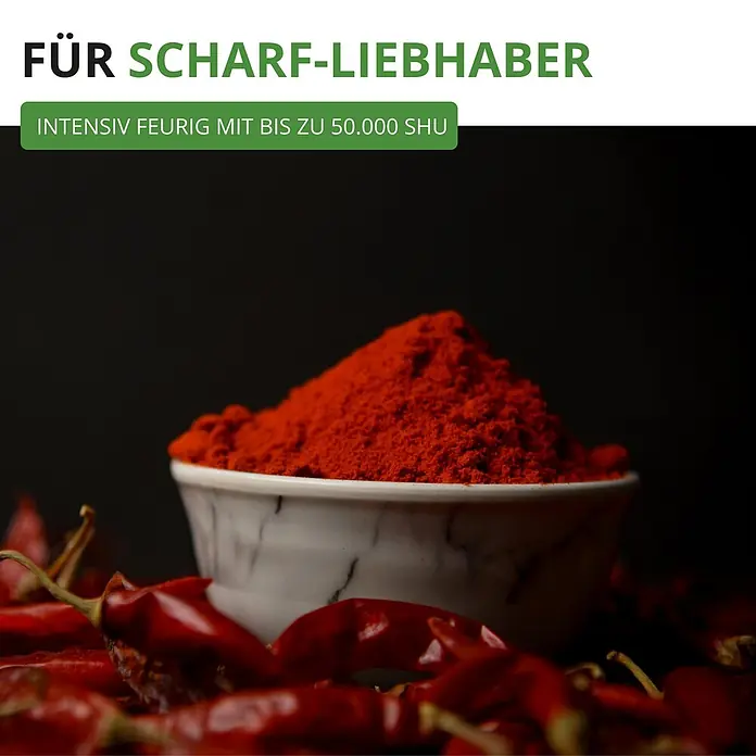 Deine Gartenwelt Chili De Cayenne -  - Intensiv feuriges rotes Chilipulver und getrocknete Chilis, bis zu 50.000 SHU, für Scharf-Liebhaber.
