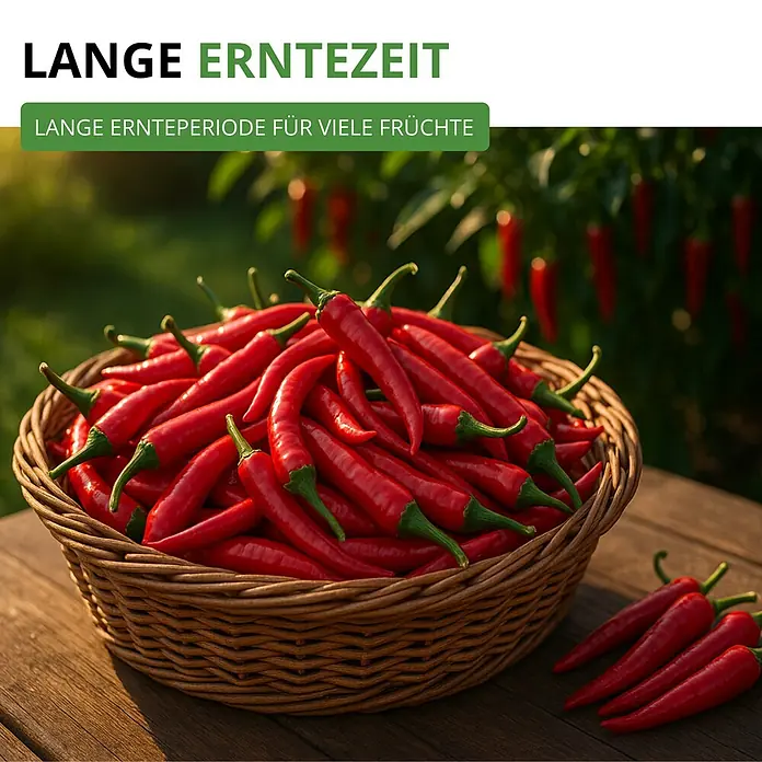 Deine Gartenwelt Chili De Cayenne -  - Reichlich leuchtend rote Chilischoten in einem Weidenkorb und auf einem Holztisch.