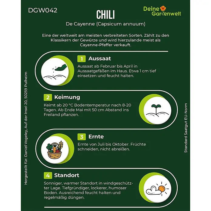 Deine Gartenwelt Chili De Cayenne -  - Anleitungskarte für Chili De Cayenne mit Symbolen für Aussaat, Keimung, Ernte und Standort.