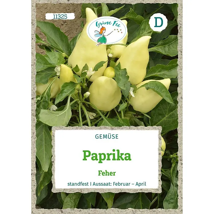 Grüne Fee Paprika Feher -  - Hellgelbe Feher Paprika an einer Pflanze mit Samenpackung, beschriftet 'Grüne Fee'.