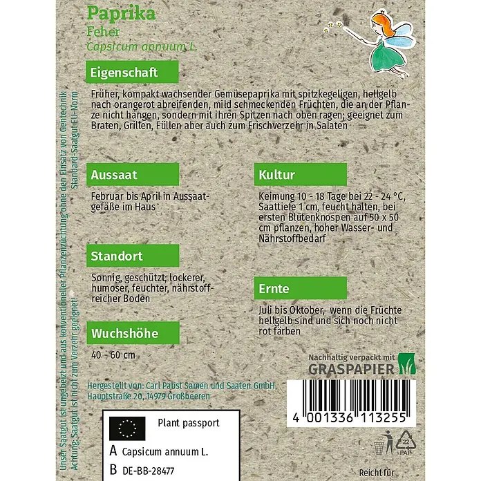 Grüne Fee Paprika Feher -  - Samenpäckchen für gelbe Paprika mit Anbauinfo und Feenillustration auf strukturiertem Papierhintergrund.