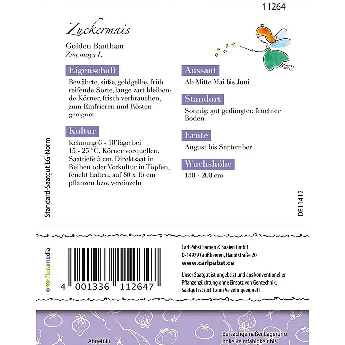 Grüne Fee Zuckermais Golden Bantam -  - Saatgut-Päckchen für Zuckermais Golden Bantham mit Pflanzanleitung, Barcode und Firmeninformationen.