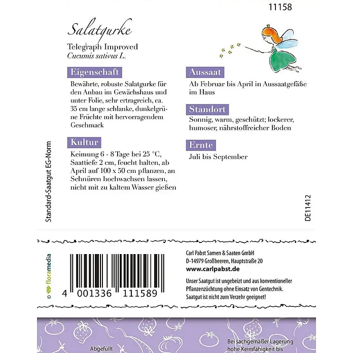 Grüne Fee Gemüsesamen Salatgurke - Cucumis sativus L., Erntezeit: Juli - Saatguttüte für "Telegraph Improved" Salatgurken, mit Produktnamen, Pflanzanleitung, Barcode und einer kleinen Feenillustration.