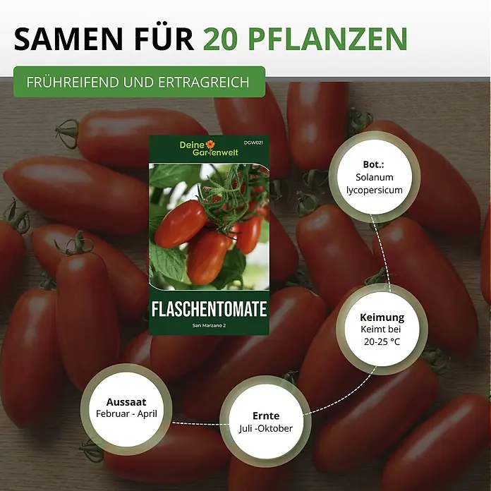 Deine Gartenwelt Flaschentomate San Marzano 2 -  - Samenpackung für frühreifende, ertragreiche San Marzano Flaschentomaten, mit Anbauinformationen.
