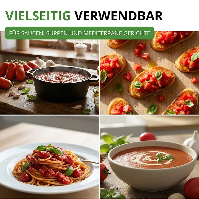 Deine Gartenwelt Flaschentomate San Marzano 2 -  - Eine Collage zeigt vielseitige Tomatengerichte: köchelnde Sauce, Bruschetta, Pasta und Suppe.