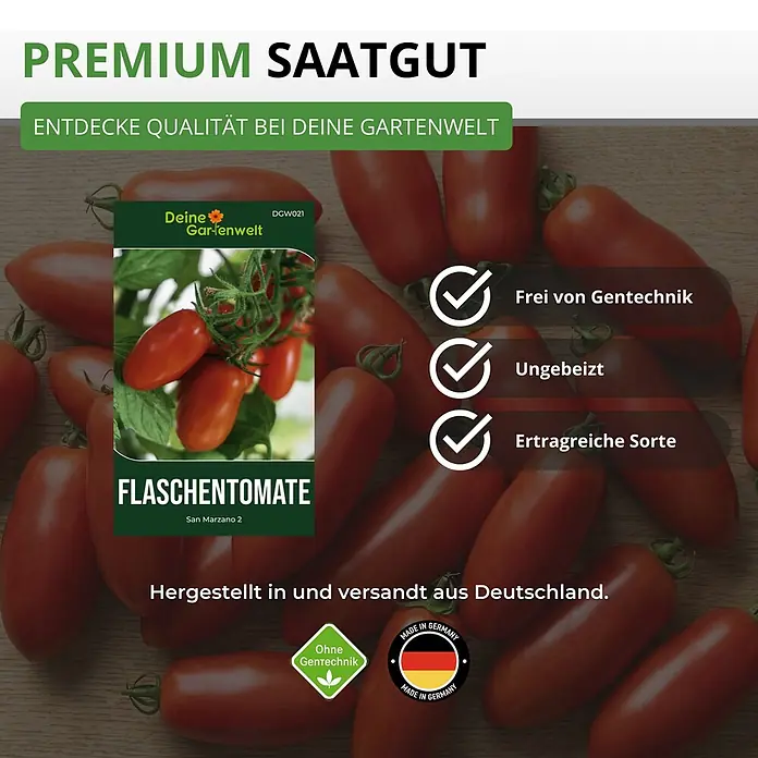 Deine Gartenwelt Flaschentomate San Marzano 2 -  - Saatgutpackung für Flaschentomate San Marzano 2, umgeben von reifen roten Flaschentomaten.