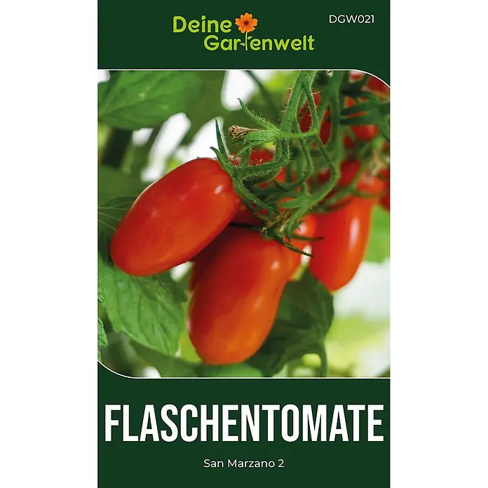 Deine Gartenwelt Flaschentomate San Marzano 2 -  - Saatgutpackung für San Marzano 2 Flaschentomaten mit Abbildung reifer roter länglicher Tomaten an einer Ranke.