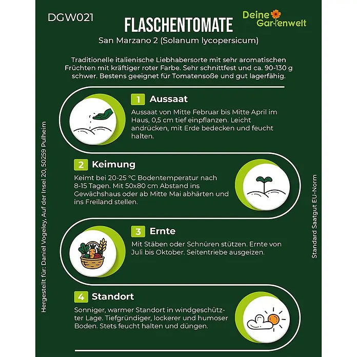 Deine Gartenwelt Flaschentomate San Marzano 2 -  - Anleitung für San Marzano 2 Tomaten, inkl. Aussaat, Keimung, Ernte und Standort. Mit Sortenbeschreibung.