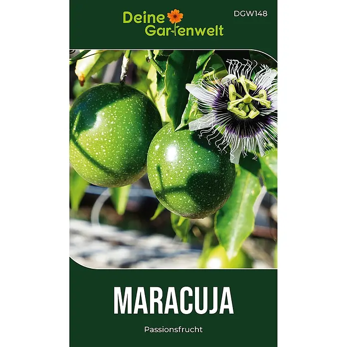 Deine Gartenwelt Passionsfrucht Maracuja -  - Produktetikett mit grünen Passionsfrüchten und einer lila-weißen Passionsblüte.