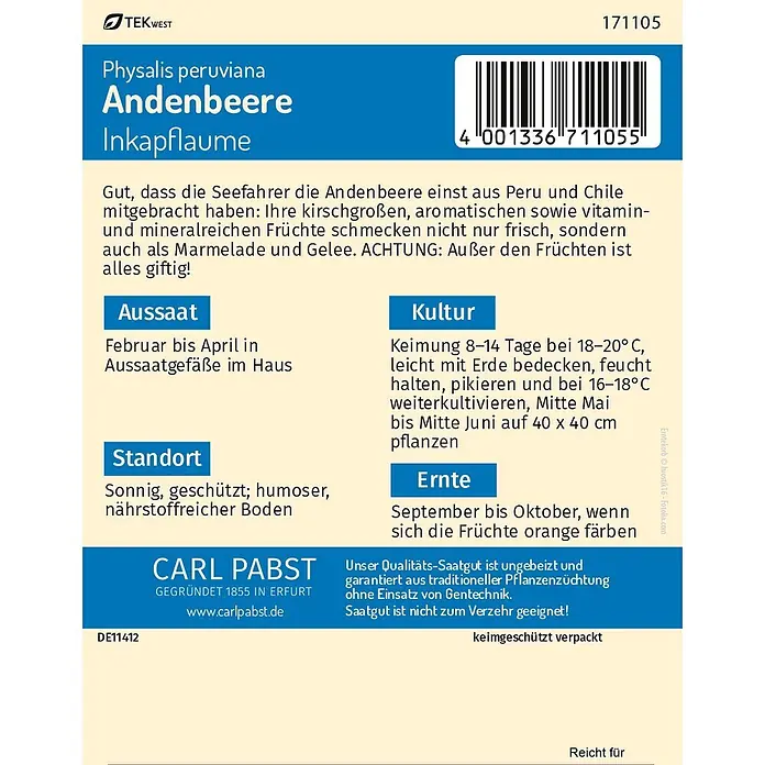 Pabst Keimkraft Obstsamen Andenbeere - Physalis peruviana, Erntezeit: September - Samenpäckchen für Physalis peruviana (Andenbeere) mit deutschem Text zu Anbau, Ernte und Barcode.