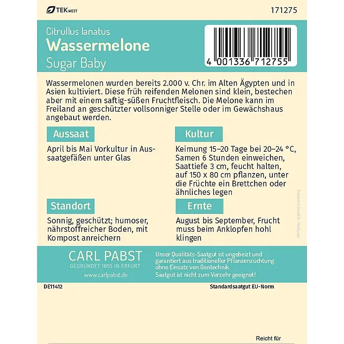 Pabst Keimkraft Obstsamen Wassermelone - Citrullus lanatus (Thunb.) Matsum. et Nakai, Erntezeit: Juli - Wassermelonen-Samenetikett 'Sugar Baby' mit Sortennamen, Barcode und Pflanzanweisungen.