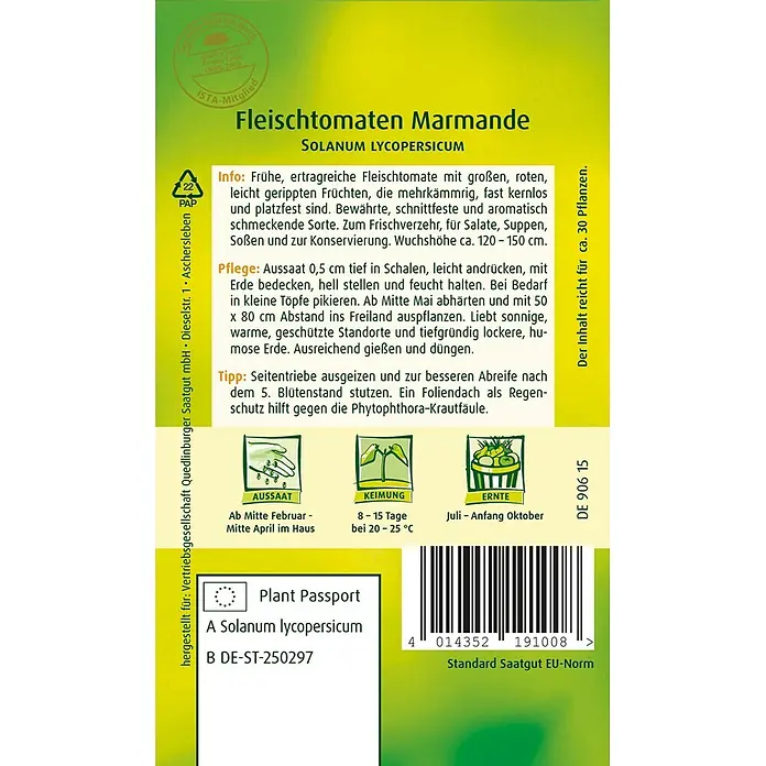 Quedlinburger SAATGUT Gemüsesamen Fleischtomate - Solanum lycopersicum, Erntezeit: Juli - Saattüte für Fleischtomaten Marmande mit Anbauinformationen und Pflanzenpass.