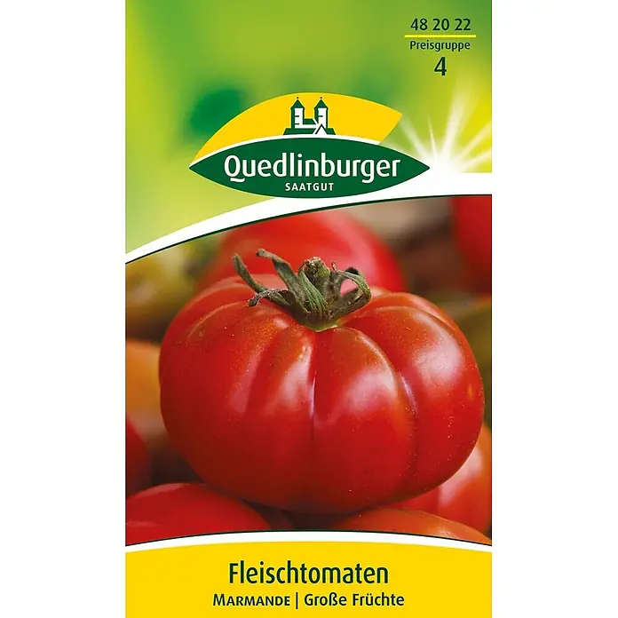 Quedlinburger SAATGUT Gemüsesamen Fleischtomate - Solanum lycopersicum, Erntezeit: Juli - Rote Fleischtomate mit grünem Stiel auf Saatgutpackung, Quedlinburger, Sorte Marmande.