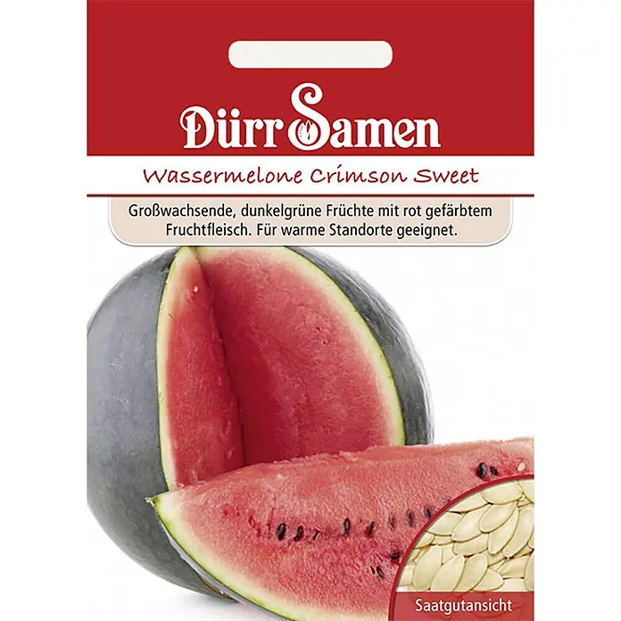 Dürr Samen Obstsamen Wassermelone - Citrullus lanatus, Erntezeit: August - Rote Samenpackung Dürr Samen für Wassermelone Crimson Sweet, mit Ansicht der Frucht und Samen.