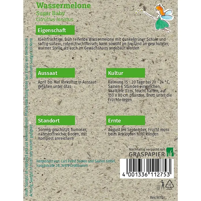 Grüne Fee Obstsamen Wassermelone - Citrullus lanatus (Thunb.) Matsum. et Nakai, Erntezeit: Juli - Samenpäckchen für Wassermelone 'Sugar Baby' aus Graspapier mit Anzuchtanleitung und einer kleinen Fee.