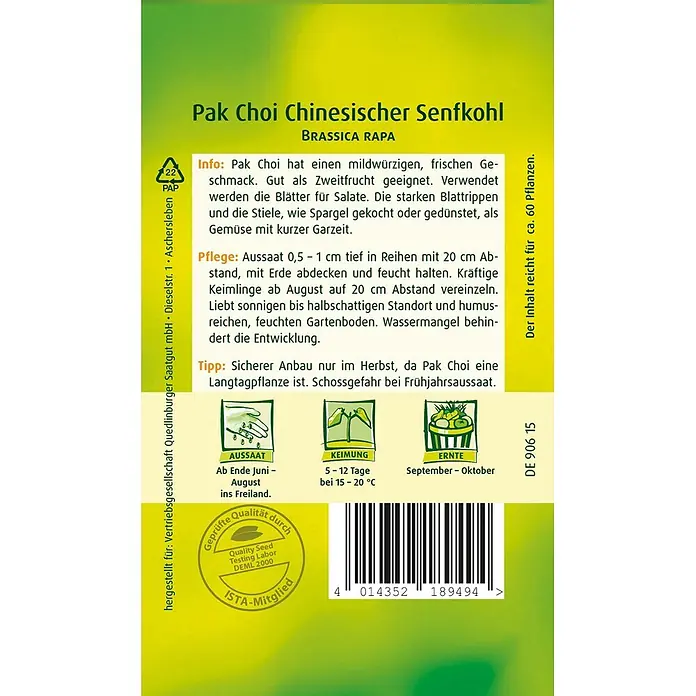 Quedlinburger SAATGUT Pak Choi Chinesischer Senfkohl -  - Grünes und gelbes Samenpäckchen für Pak Choi mit Pflanzanleitung, Keimdetails, Erntezeiten und Barcode.