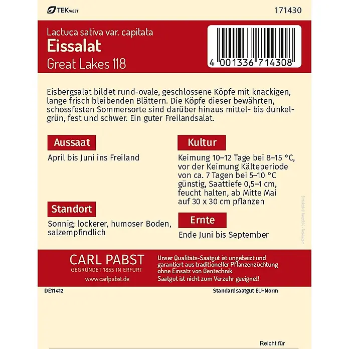 Pabst Keimkraft Eissalat groß & fest Great Lakes 118 -  - Samenpäckchen für Eissalat "Great Lakes 118" mit roten und beigen Abschnitten und Barcode.