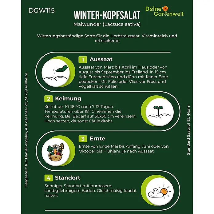 Deine Gartenwelt Winter-Kopfsalat Maiwunder -  - Informationsetikett für Wintersalat 'Maiwunder' Samen, mit Anweisungen zu Aussaat, Keimung, Ernte und Standort.