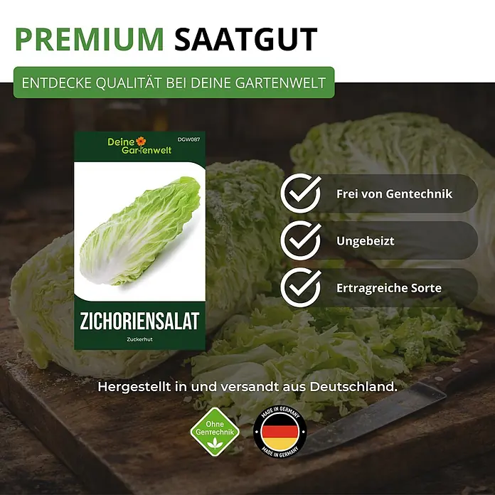 Deine Gartenwelt Zichoriensalat Zuckerhut -  - Zichoriensalat-Samenpackung von "Deine Gartenwelt" mit frischer Zuckerhut-Zichorie auf Schneidebrett. Gentechnikfrei, unbehandelt, ertragreich.