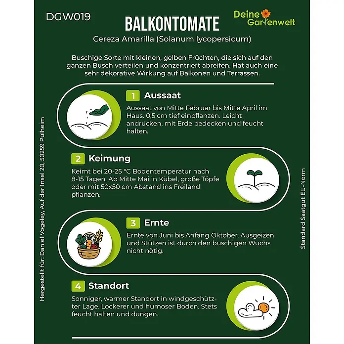Deine Gartenwelt Balkontomate gelb Cereza Amarilla -  - Grüne Grafik mit Pflanzanleitung für gelbe Kirsch-Balkontomaten, inkl. Aussaat, Keimung, Ernte und Standort.