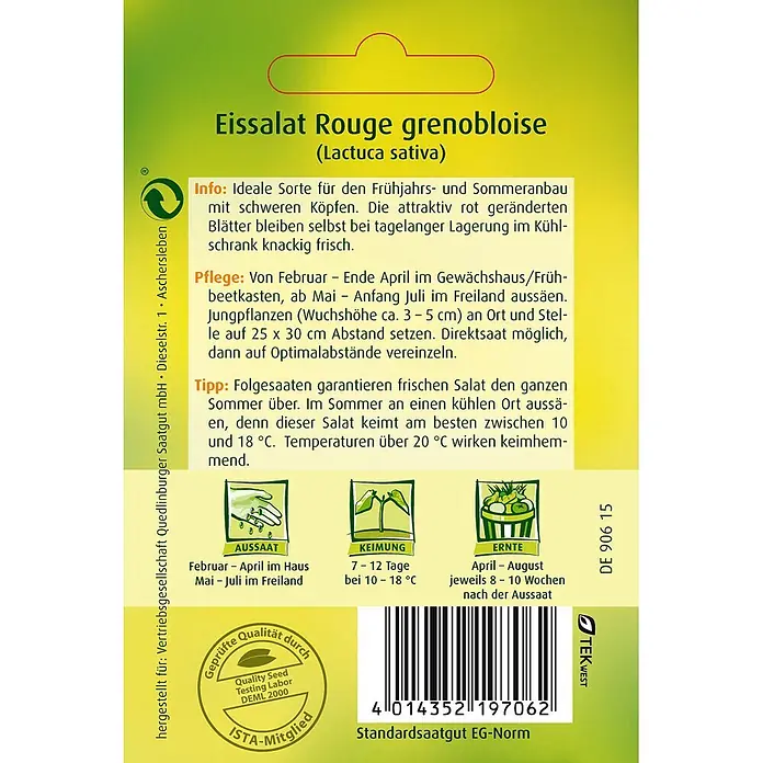 Quedlinburger SAATGUT Salatsamen Eissalat - Lactuca sativa, Erntezeit: April, 3,5 g - Grünes und gelbes Samenpäckchen für Eissalat Rouge grenobloise mit Pflanzdetails und Barcode.