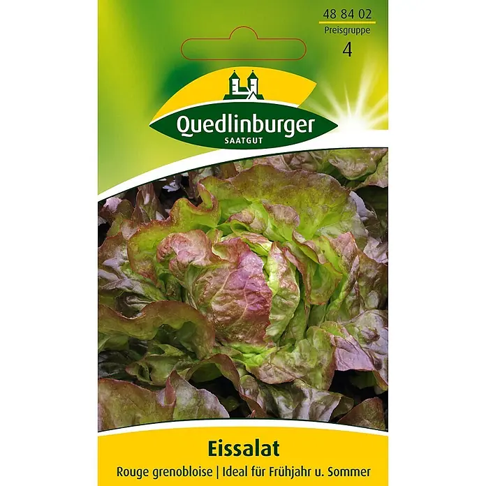 Quedlinburger SAATGUT Salatsamen Eissalat - Lactuca sativa, Erntezeit: April, 3,5 g - Samenbäckchen für rot-grünen 'Rouge grenobloise' Eissalat, ideal für Frühjahr und Sommer.