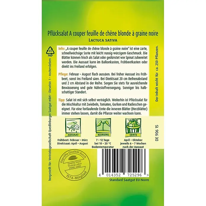 Quedlinburger SAATGUT Salatsamen Schnittsalat - Lactuca sativa, Erntezeit: April, 3,5 g - Samenpackung für Pflücksalat 'A couper feuille de chêne blonde à graine noire' mit Anbau- und Pflegeinformationen.