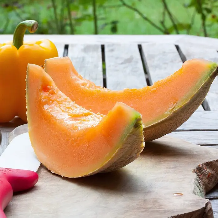 Deine Gartenwelt Zuckermelone Charentais -  - Helle orangefarbene Cantaloupe-Melonenscheiben und eine gelbe Paprika auf einem Holzbrett.