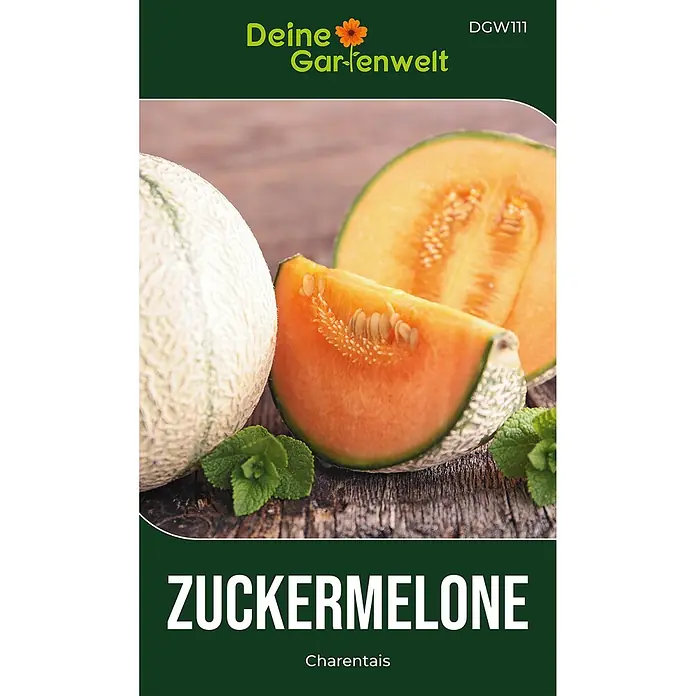 Deine Gartenwelt Zuckermelone Charentais -  - Grünes Samenpäckchen für Zuckermelone Charentais, zeigt aufgeschnittene und ganze orange Melonen mit Minze.