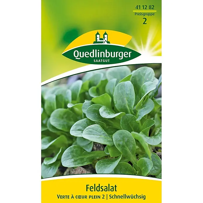 Quedlinburger SAATGUT Feldsalat Verte a couer plein 2 -  - Quedlinburger Feldsalat Saatgut Packung, Sorte Verte à Cœur Plein 2, mit Pflanzenbild.