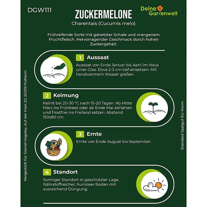 Deine Gartenwelt Zuckermelone Charentais -  - Detaillierte Anbauanleitung für Zuckermelone Charentais, inklusive Aussaat, Keimung, Ernte und Standortinformationen.