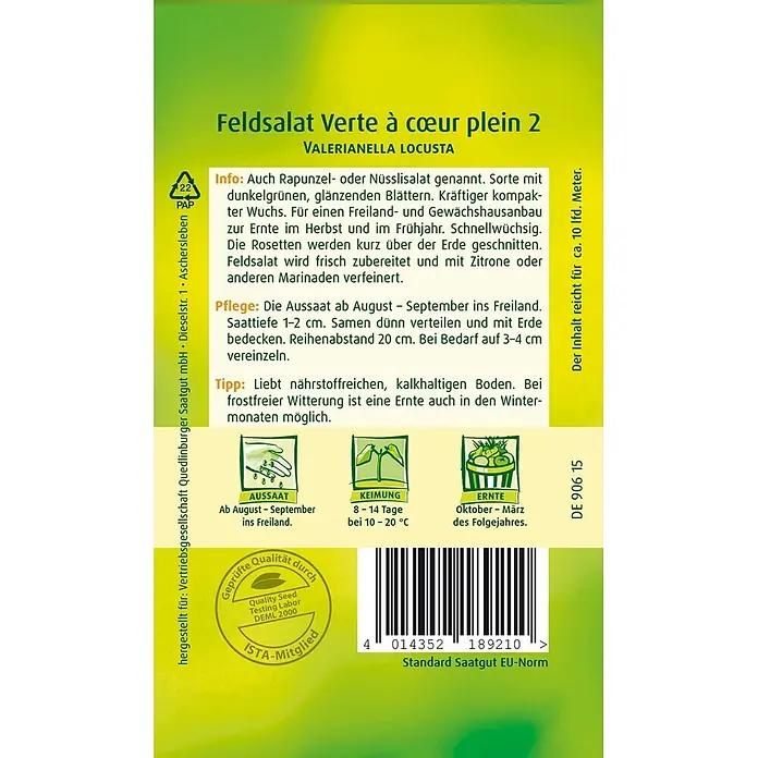 Quedlinburger SAATGUT Feldsalat Verte a couer plein 2 -  - Grüngelbe Feldsalat-Samentüte mit Produktinformationen, Anleitungen und Barcode.