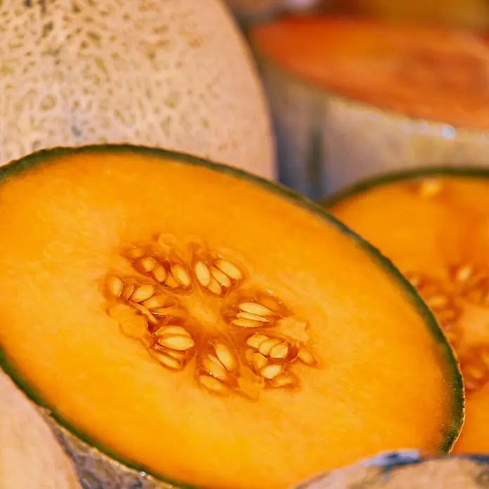 Deine Gartenwelt Zuckermelone Charentais -  - Zwei aufgeschnittene Cantaloupe-Melonen, die ihr leuchtend oranges Fruchtfleisch, grüne Schale und Kerne zeigen.