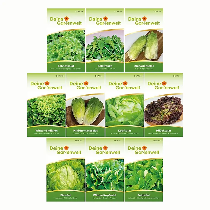 Deine Gartenwelt Salatsamen-Set mit 10 Sorten -  - Neun "Deine Gartenwelt" Samenpakete für verschiedene Salate und Grünsorten, jeweils mit Pflanzenfoto und Textbeschreibungen.