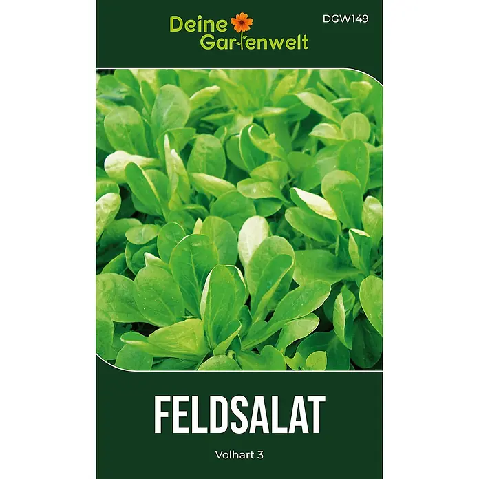 Deine Gartenwelt Feldsalat Volhart 3 -  - Dunkelgrüne Samenpackung für Feldsalat, mit Abbildung von grünen Blättern.