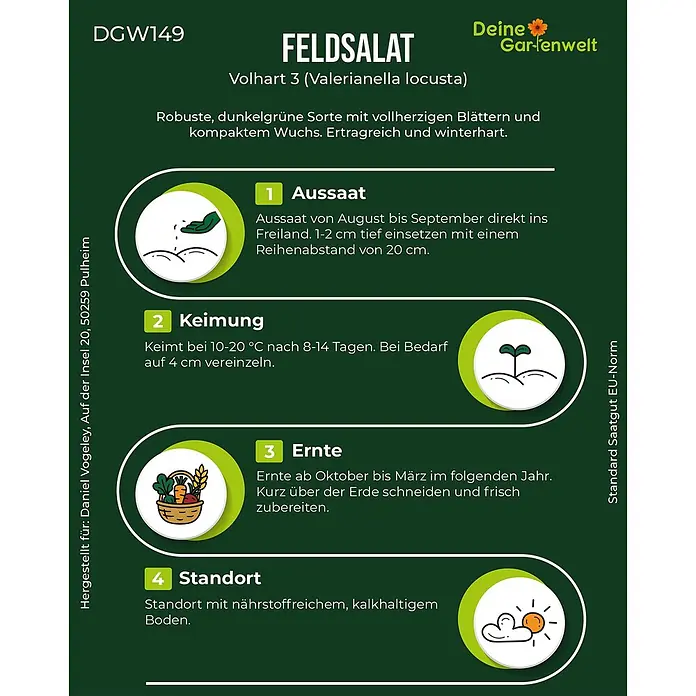 Deine Gartenwelt Feldsalat Volhart 3 -  - Anbauanleitung für Feldsalat 'Volhart 3' mit Schritten für Aussaat, Keimung, Ernte und Standort. Mit Icons zu jedem Schritt.