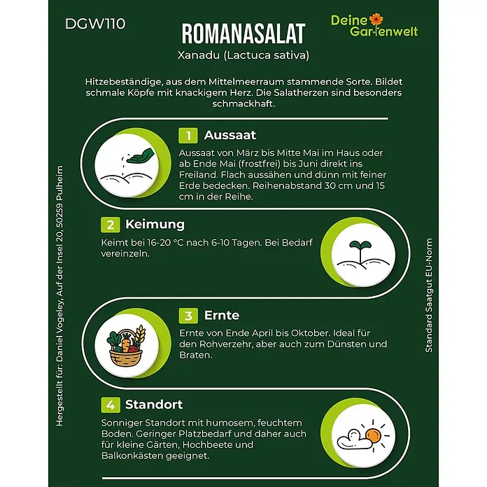 Deine Gartenwelt Mini-Romanasalat Xanadu -  - Dunkelgrüne Informationskarte für Romanasalat (Xanadu) Samen mit Anweisungen zu Aussaat, Keimung, Ernte und Standort.