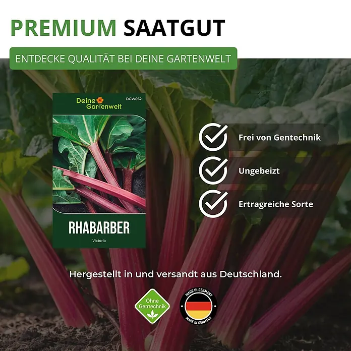 Deine Gartenwelt Rhabarber rot -  - Rhabarber 'Victoria' Saatgutpackung, bewirbt 'Premium Saatgut', 'Gentechnikfrei' und 'Hergestellt in Deutschland'. Zeigt rote Rhabarberstangen.