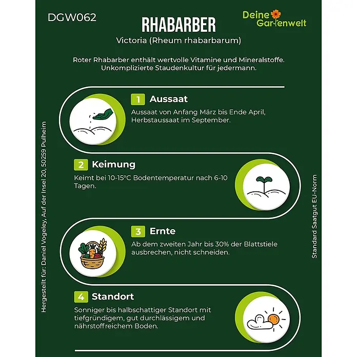 Deine Gartenwelt Rhabarber rot -  - Infografik zum Rhabarberanbau mit Details zu Aussaat, Keimung, Ernte und Standort.