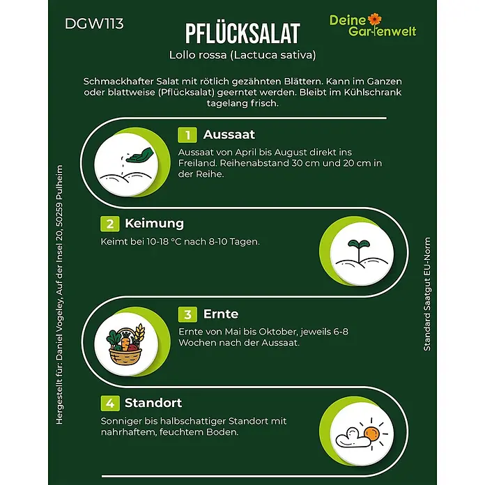 Deine Gartenwelt Pflücksalat Lollo rossa -  - Pflanzanleitung für Pflücksalat mit Anweisungen zu Aussaat, Keimung, Ernte und Standort.