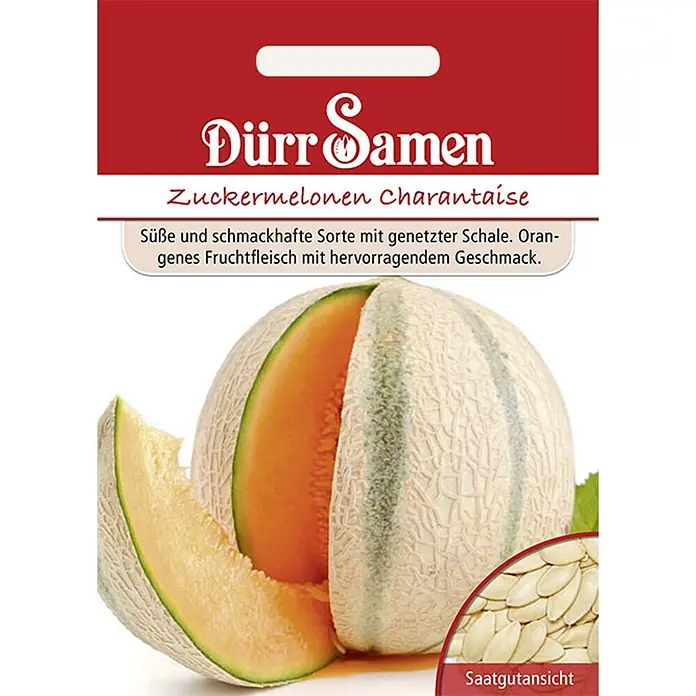 Dürr Samen Obstsamen Zuckermelone - Cucurbita melo, Erntezeit: August - Samentüte für Zuckermelonen Charentaise mit geschnittener Melone und Samenansicht.