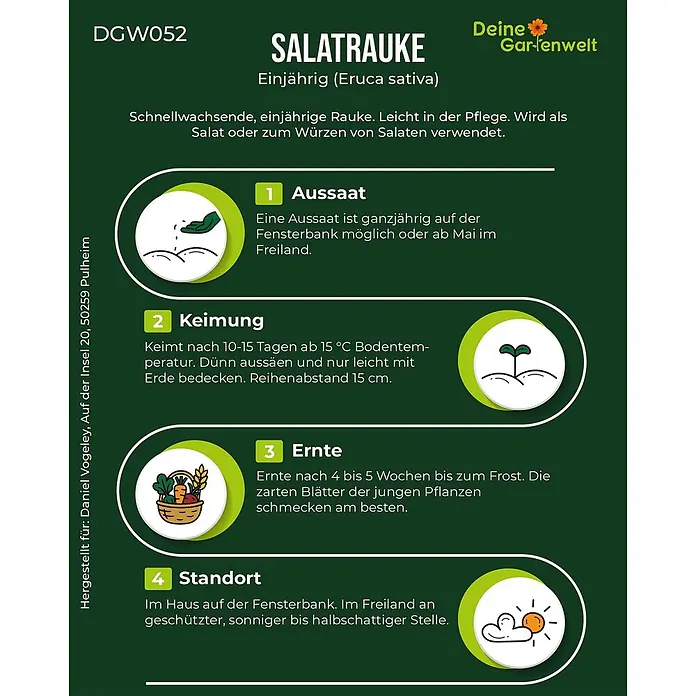 Deine Gartenwelt Salatrauke -  - Infografik zur Salatrauke-Anzucht mit Anweisungen für Aussaat, Keimung, Ernte und Standort. Inklusive Pflegetipps.