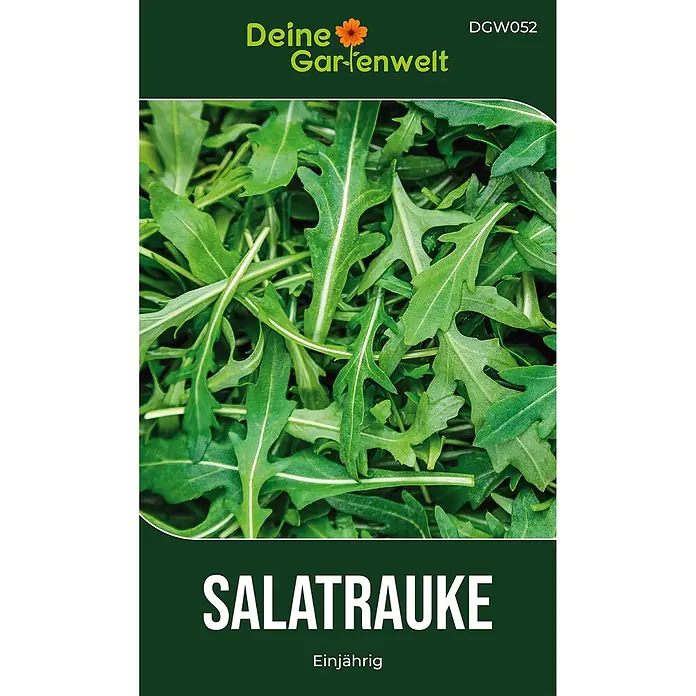Deine Gartenwelt Salatrauke -  - Dunkelgrünes Saatguttütchen für Salatrauke mit Bild frischer grüner Blätter. Text: „Einjährig“.