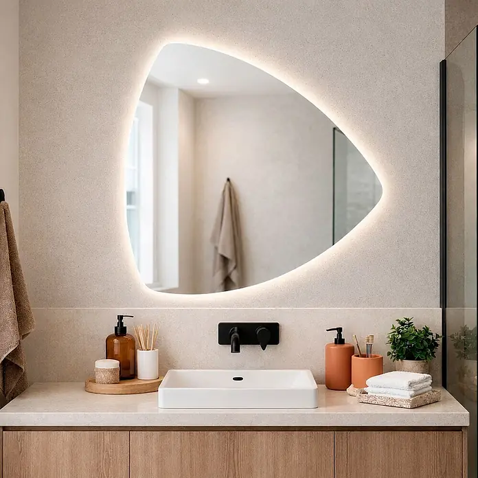 Espejo con luz Rouse - 80 x 80 cm, Blanco neutro, Función Touch - Espejo de baño con forma orgánica e iluminación LED, sobre un mueble de baño moderno con lavabo y grifo negro.