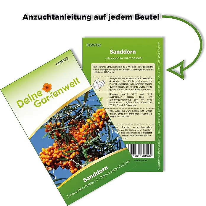 Deine Gartenwelt Obstsamen Sanddorn - Hippophae rhamnoides, Erntezeit: April - Grünes und gelbes Saatgutpäckchen für Sanddorn, mit Abbildung von Beeren und Anzuchtanleitung.
