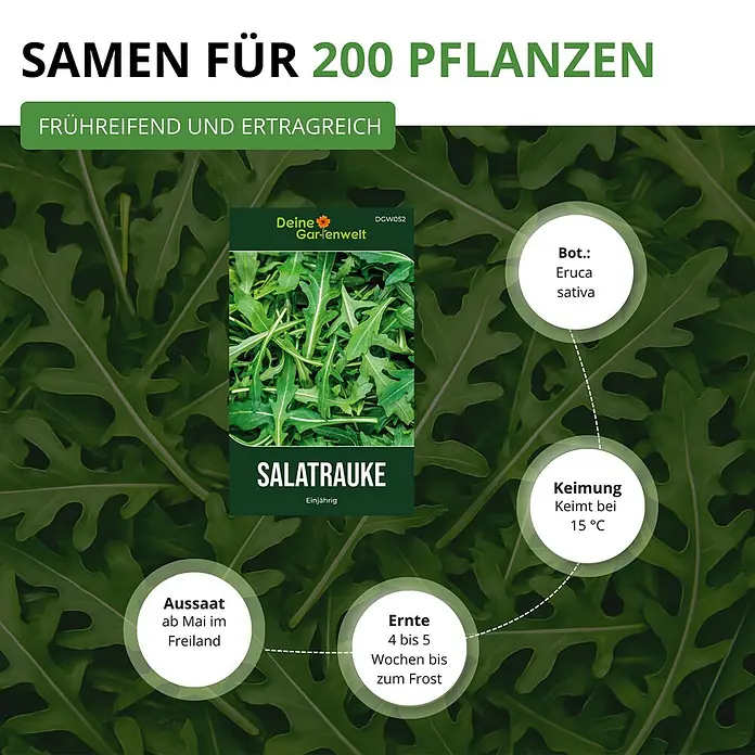 Deine Gartenwelt Salatrauke -  - Grünes Samenpaket 'Salatrauke' für 200 Pflanzen mit Anbaudetails, auf Rucola-Blättern.