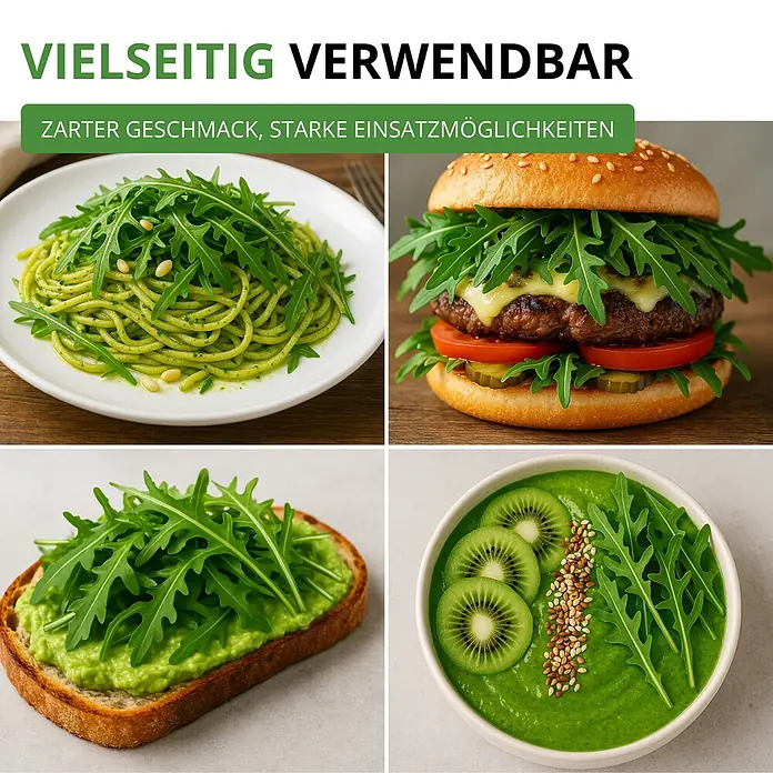 Deine Gartenwelt Salatrauke -  - Rucola in verschiedenen Gerichten (Pasta, Burger, Toast, Smoothie), der seine vielseitige Verwendung zeigt.