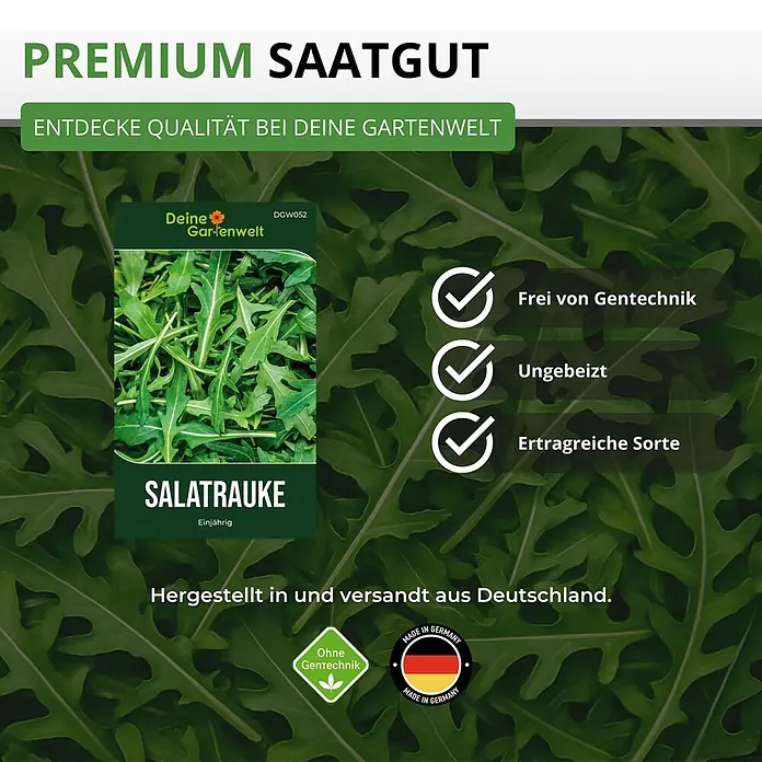 Deine Gartenwelt Salatrauke -  - Premium Rucola-Saatgutpackung von Deine Gartenwelt, mit Rucola-Bild, "Gentechnikfrei" und "Made in Germany" Labels. Unbehandelt, ertragreich.