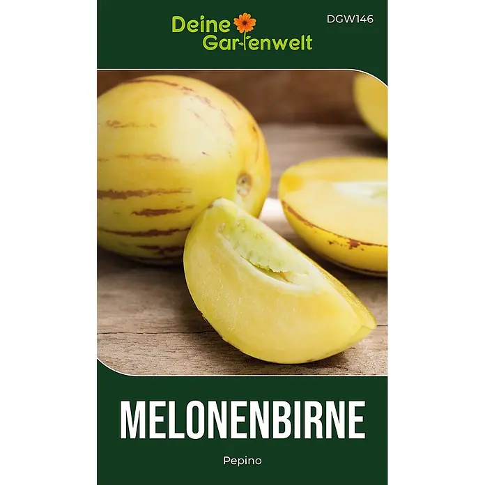 Deine Gartenwelt Melonenbirne Pepino -  - Eine ganze gelbe Melonenbirne und zwei geschnittene Stücke, die ihr hellgrün-gelbes Fruchtfleisch zeigen.