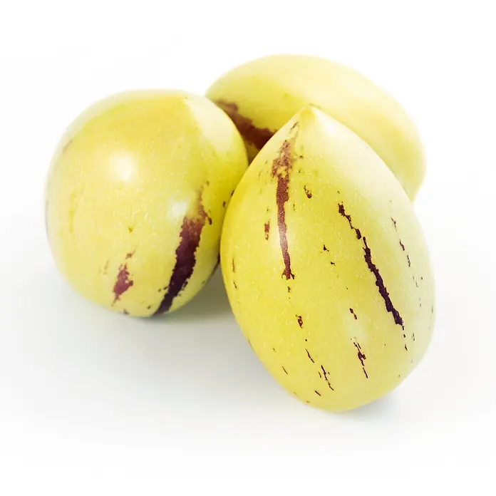 Deine Gartenwelt Melonenbirne Pepino -  - Drei gelbe Pepino-Melonen mit lila Streifen, gruppiert.